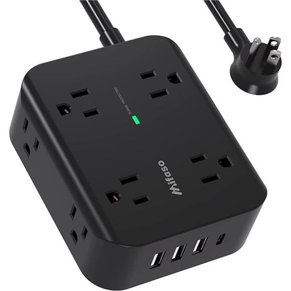 Power Strip Surge Protector - Flat Plug 8 Wide Outlets with 4 USB Ports, 5FT - Picture 1 of 7